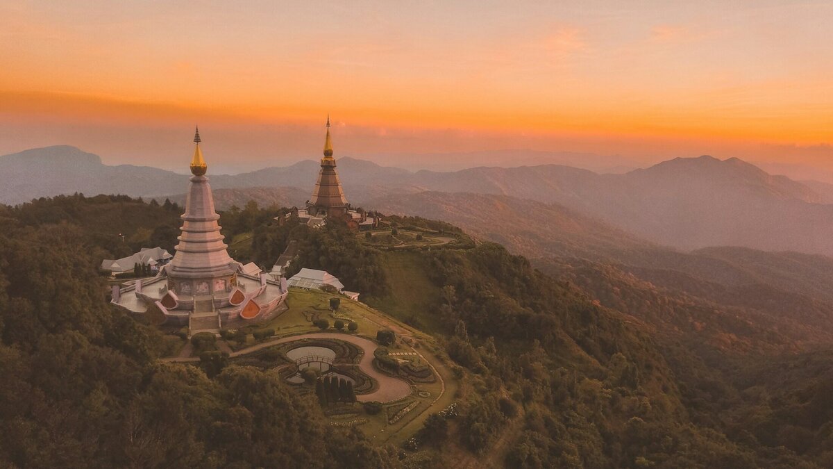 The twin pagodas on Doi Inthanon, Chiang Mai, at sunset