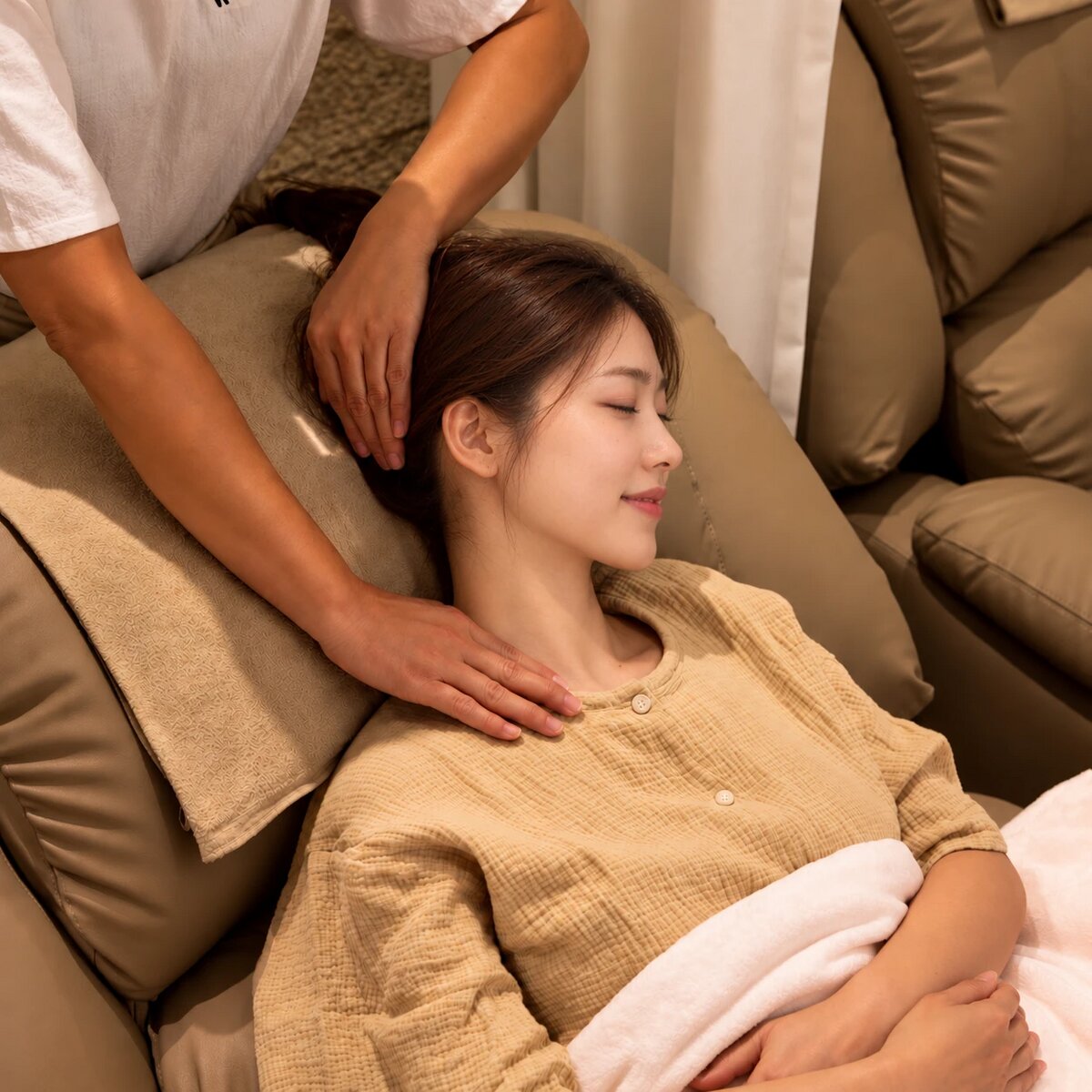 A guest relaxes in a reclining chair under a blanket while a therapist holds her head and shoulder